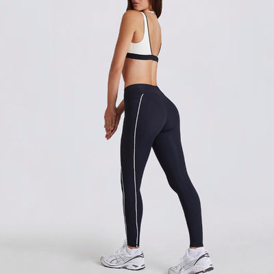 JIA Color-Block V-Neck Halter Yoga Bra & Leggings Set QY6534