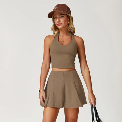 JIA Athletic Backless Halter Crop Top Tennis Skirts Set ZC3030