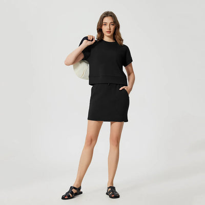 Casual Basic Crew Neck Short Sleeve Shirts-black set
