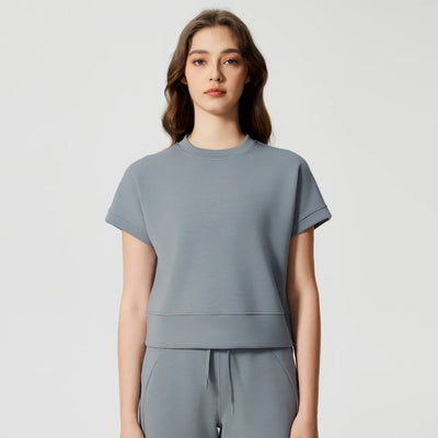 Casual Basic Crew Neck Short Sleeve Shirts-bluish gray