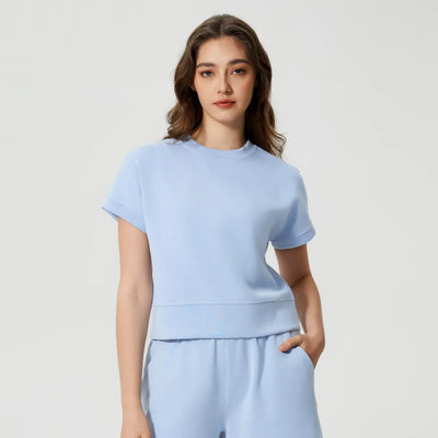Casual Basic Crew Neck Short Sleeve Shirts-light blue
