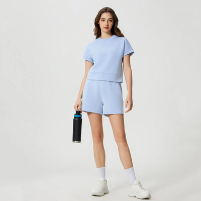 Casual Basic Crew Neck Short Sleeve Shirts-light blue set