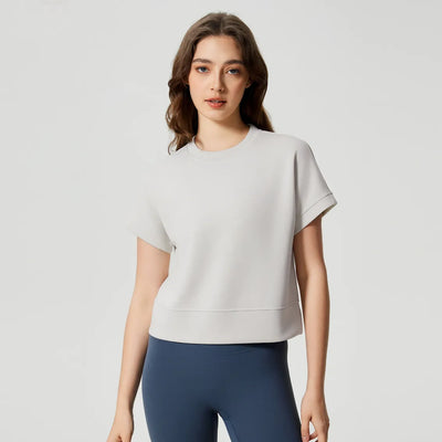 Casual Basic Crew Neck Short Sleeve Shirts-lvory