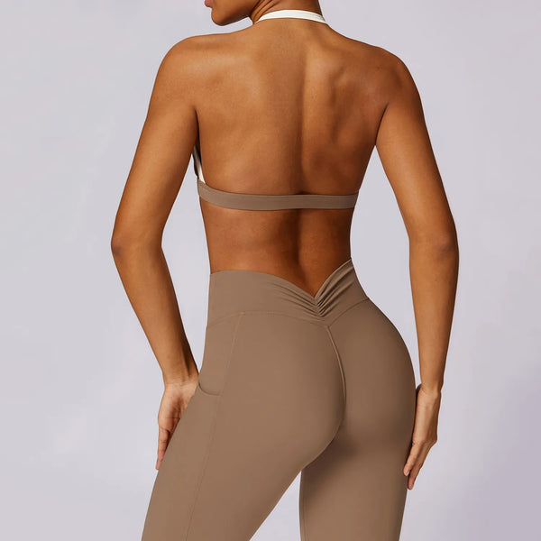 Color Block Backless Sexy Halter Sports Bra -back