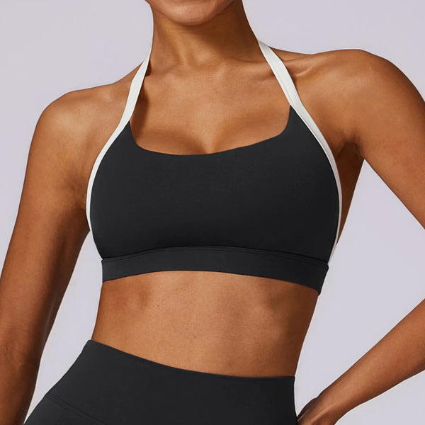 Color Block Backless Sexy Halter Sports Bra -black