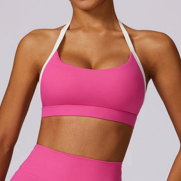 Color Block Backless Sexy Halter Sports Bra -deep pink