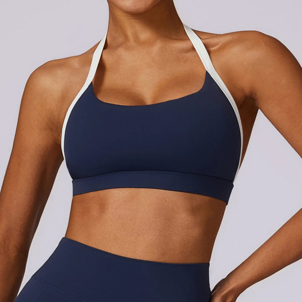 Color Block Backless Sexy Halter Sports Bra -navy