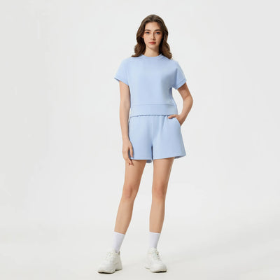 High Waist Workout Casual Lounge Sweat Shorts-light blue set