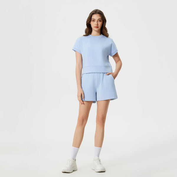 High Waist Workout Casual Lounge Sweat Shorts-light blue set
