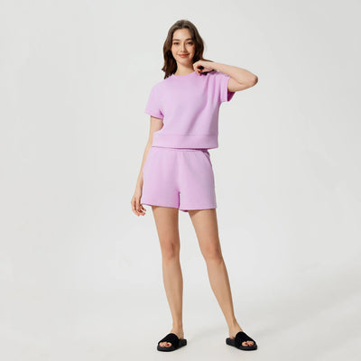 High Waist Workout Casual Lounge Sweat Shorts-lilac set