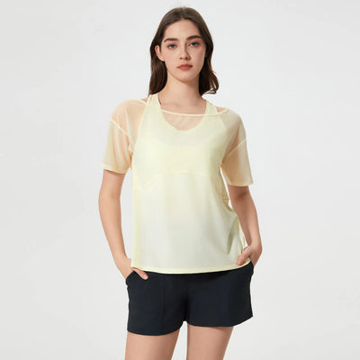 Ice Feeling Mesh Fake Two Piece Yoga T-Shirts-light yellow