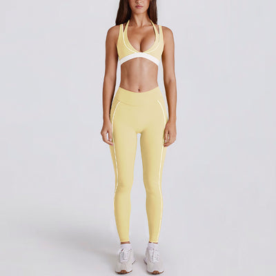 JIA Color-Block V-Neck Halter Yoga Bra & Leggings Set 