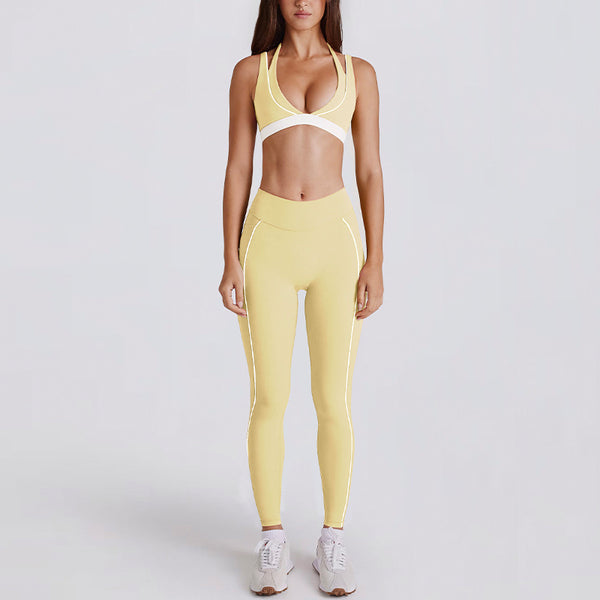 JIA Color-Block V-Neck Halter Yoga Bra & Leggings Set 