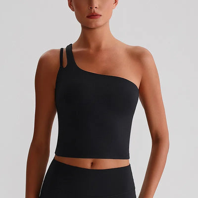 JIA One Shoulder Sports Bra Yoga Crop Tank Tops-black