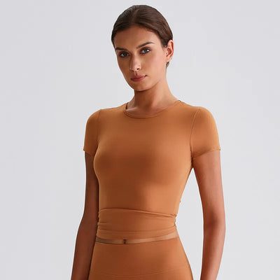 JIA Recycled Basic Shirts Short Sleeve Yoga Top​-light brown