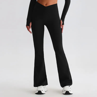 JIA Recycled Crossover Waist Yoga Flared Pants-black