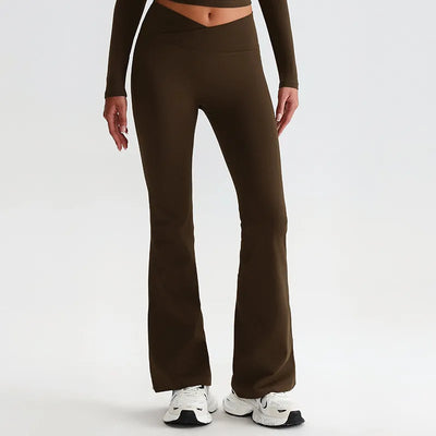 JIA Recycled Crossover Waist Yoga Flared Pants-coffee