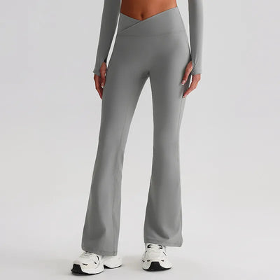 JIA Recycled Crossover Waist Yoga Flared Pants-grey