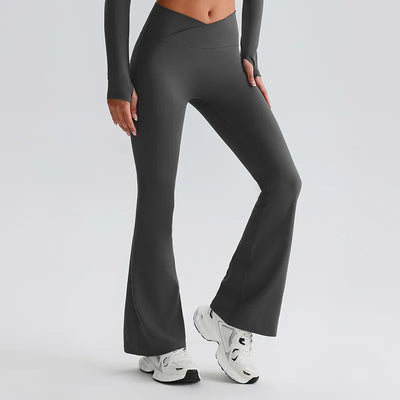 JIA Recycled Crossover Waist Yoga Flared Pants-iron grey