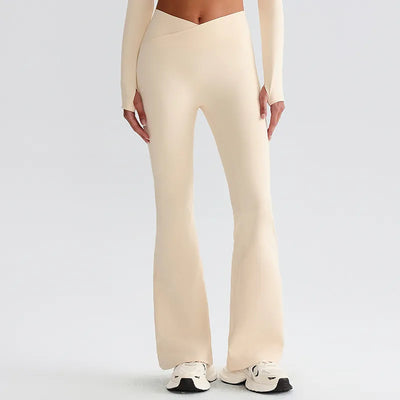 JIA Recycled Crossover Waist Yoga Flared Pants-oatmeal
