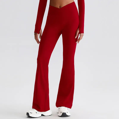 JIA Recycled Crossover Waist Yoga Flared Pants-red