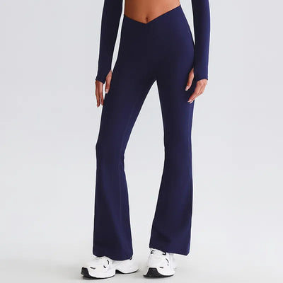 JIA Recycled Crossover Waist Yoga Flared Pants-sapphire