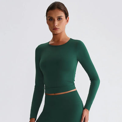 JIA Recycled Slim Fit Crew Neck Yoga Long Sleeve Tops for fitness workout-PINE GREEN
