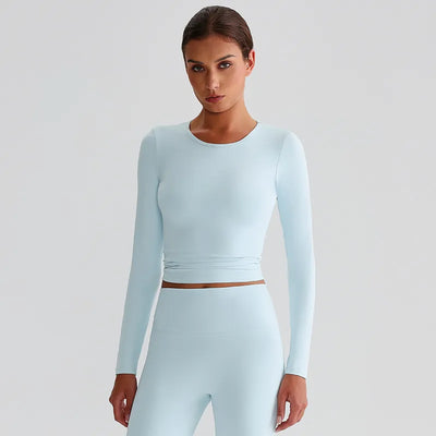 JIA Recycled Slim Fit Crew Neck Yoga Long Sleeve Tops for fitness workout-light blue
