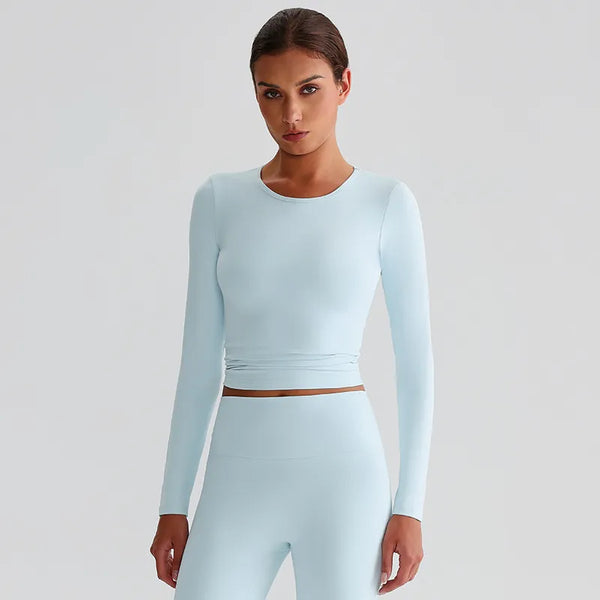 JIA Recycled Slim Fit Crew Neck Yoga Long Sleeve Tops for fitness workout-light blue