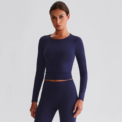JIA Recycled Slim Fit Crew Neck Yoga Long Sleeve Tops for fitness workout-sapphire