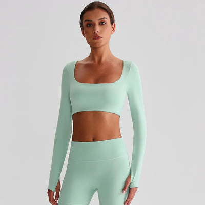 JIA Recycled Yoga Long Sleeve Crop Tops Square collar top for women