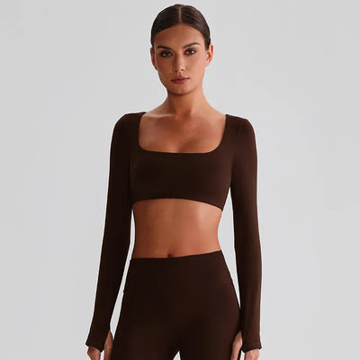 JIA Recycled Yoga Long Sleeve Crop Tops women Square collar shirts