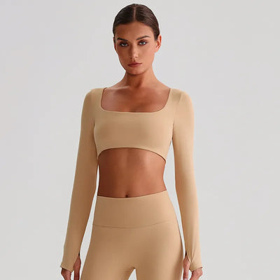JIA Recycled Yoga Long Sleeve Crop Tops women Square collar top 
