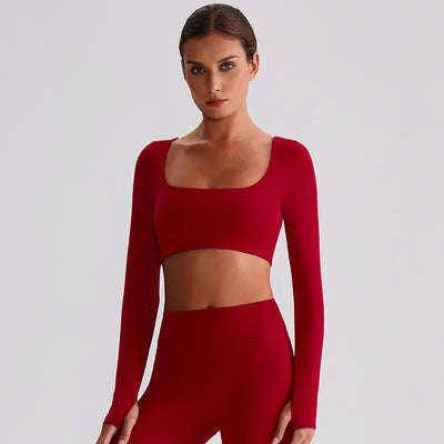 JIA Recycled Yoga Long Sleeve Cropped Tops-red