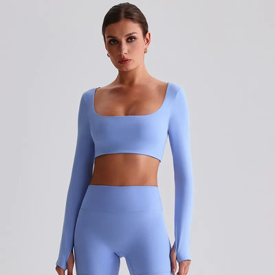 JIA Recycled Yoga Long Sleeve Cropped Tops-shell blue