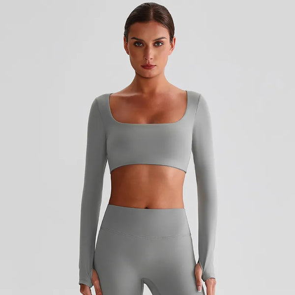 JIA Recycled Yoga Long Sleeve Cropped Tops with removable bra pad