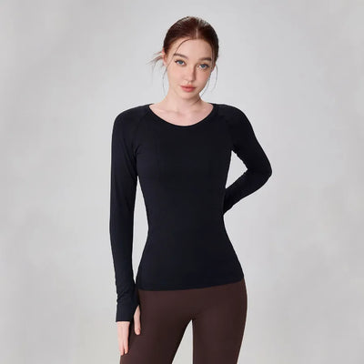 JIA Seamless Breathable Sports Long Sleeve Yoga Tops-black