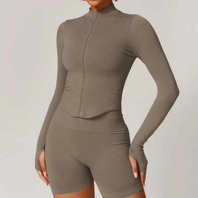 JIA Seamless Fitness Jacket with Thumb Holes-tan