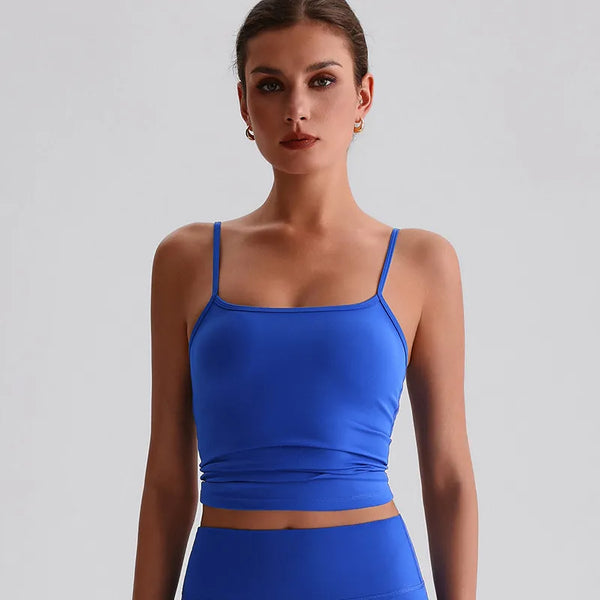 JIA Spaghetti Strap Tank Top with Built in Bra​ yoga cropped tank top womens recycled sportswear 