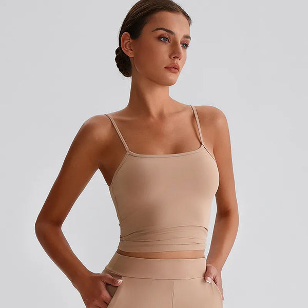 JIA Spaghetti Strap Tank Top with Built in Bra​ yoga tank top women recycled sportswear 