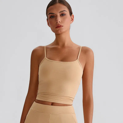 JIA Spaghetti Strap Tank Tops with Built in Bra​ fitness cropped top recycled sportswear