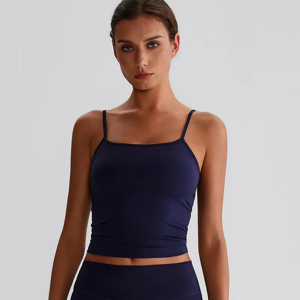 JIA Spaghetti Strap Tank Tops with Built in Bra​ fitness top recycled sportswear