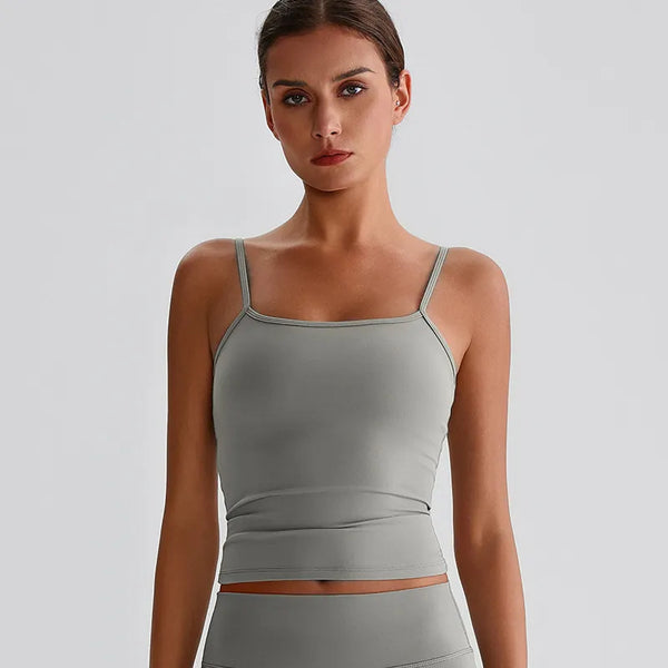 JIA Spaghetti Strap Tank Tops with Built in Bra​ fitness tops women recycled sportswear 