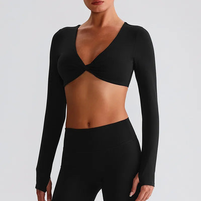 JIA Twist Deep V Workout Cropped T Shirt Top-black