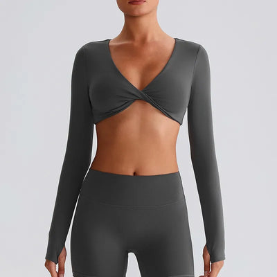 JIA Twist Deep V Workout Cropped T Shirt Yoga Tops for women