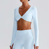 JIA Twist Deep V Workout Cropped Yoga Tops Long Sleeve Crop Tops