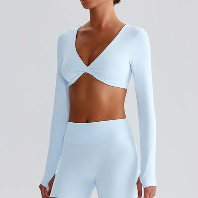 JIA Twist Deep V Workout Cropped Yoga Tops Long Sleeve Crop Tops