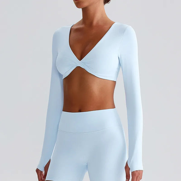 JIA Twist Deep V Workout Cropped Yoga Tops Long Sleeve Crop Tops