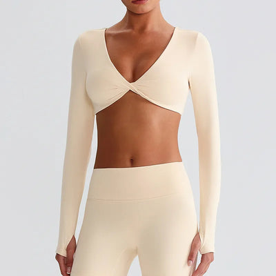 JIA Twist Deep V Workout Cropped Yoga Tops Long Sleeve Crop Tops for women