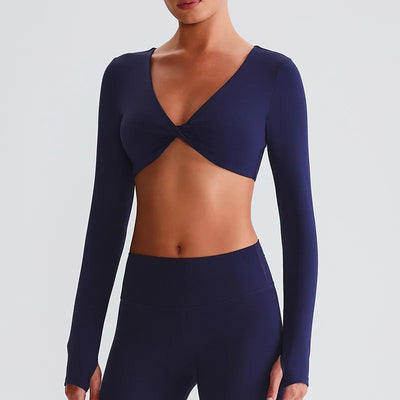 JIA Twist Deep V Workout Cropped Yoga Tops for women Long Sleeve Crop Tops
